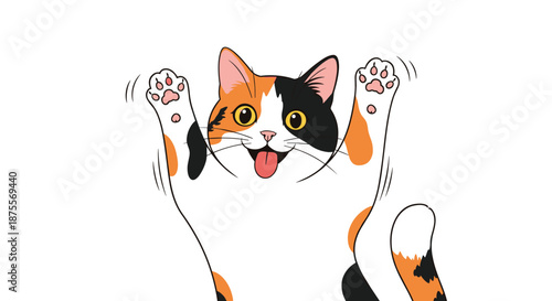 A funny and cute calico cat cartoon character is pressed against glass with its tongue out and paws spread wide open.