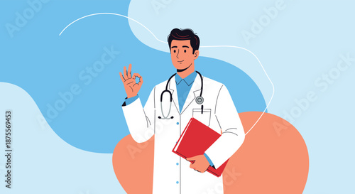 A friendly male doctor in a white coat with a stethoscope makes an okay hand gesture to show that everything is fine.