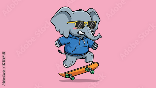 Cute cartoon elephant wearing sunglasses and hoodie skateboarding.