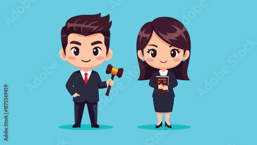 Cute Cartoon Lawyers Holding Gavel and Book.