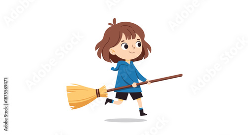 A cute little girl in a blue hoodie playing and pretending to fly on a simple household broom on a white background.