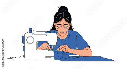 A sad woman is crying while working at a sewing machine representing exploitation or difficult conditions in the textile industry.