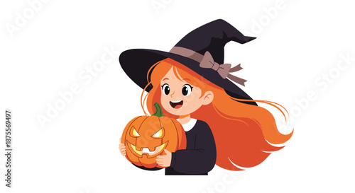 A cute girl with long red hair dressed as a friendly witch smiling and holding a carved jack-o'-lantern for Halloween.