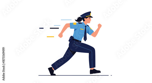A female police officer in uniform running with determination and speed lines indicating fast motion while on duty.