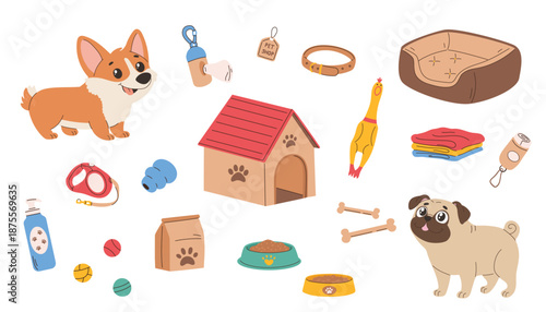 Set of toys for pets. Products for dog and cat care. Flat vector illustration.
