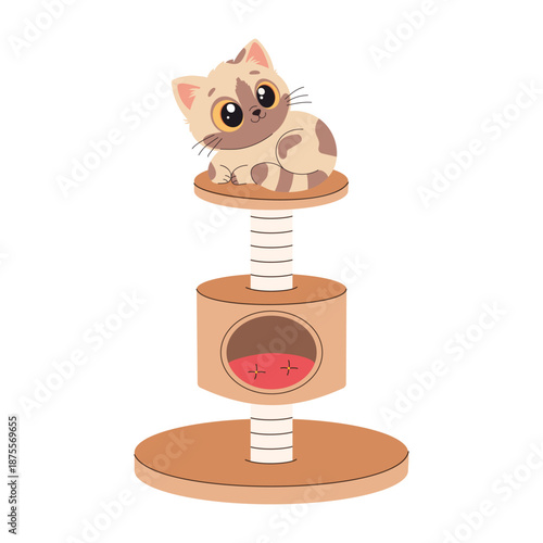 Cute cartoon cat sitting on a scratching post. Vector illustration.