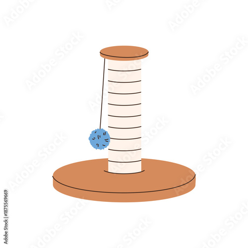 Cat scratching post with ball. Supplies and accessories for domestic pets. Flat style vector