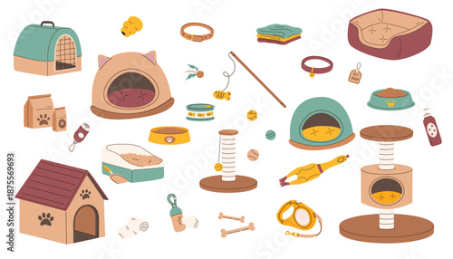 Cute pet accessories, toys and furniture cartoon illustration set. Includes pet houses, beds, scratching posts, bowls, food, collars, leashes, toys, litter box and pet care items.