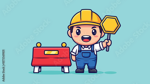 Cute Construction Worker with Stop Sign and Barrier.