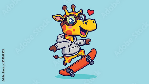 Cute Giraffe Character Riding a Skateboard with Sunglasses.
