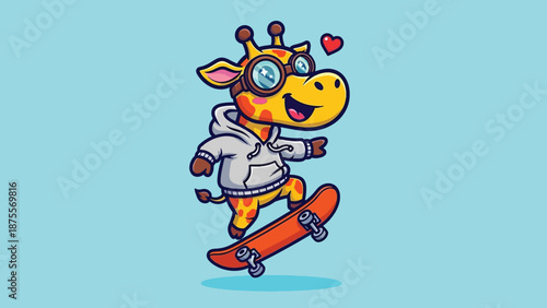 Cute Giraffe Character Riding a Skateboard.