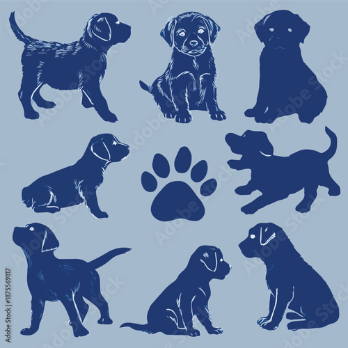 Sets of dark blue silhouettes showing cute labrador puppies in various playful poses and a dog paw prin