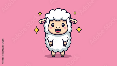 Cute Happy Sheep Cartoon Vector Illustration with Sparkling Stars.