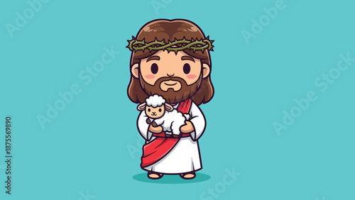 Cute Jesus Holding a Lamb Cartoon Illustration.