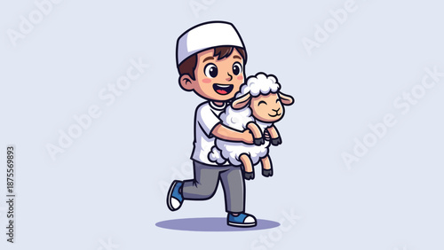 Cute Muslim Boy Running Holding a Sheep Illustration.
