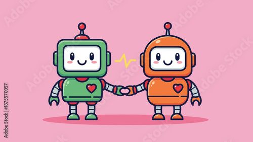 Cute Robots Holding Hands with Connection Symbol.