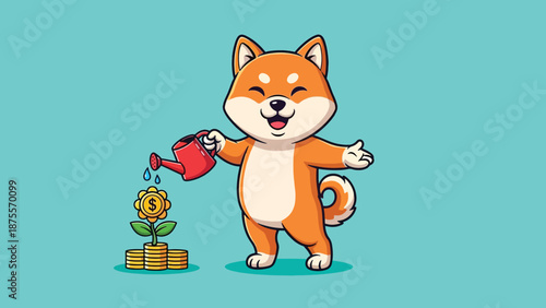 Cute Shiba Inu Dog Watering Money Plant for Financial Growth.