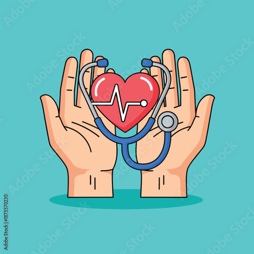 Hands holding heart and stethoscope medical care concept.