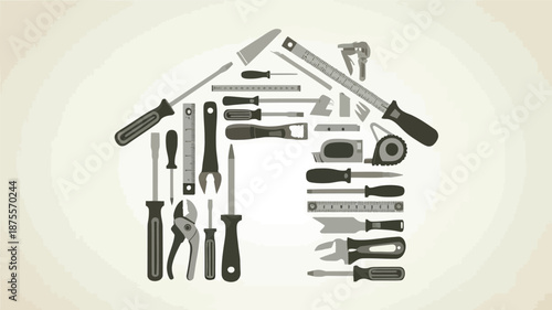 Variety of tools arranged in house shape on beige background