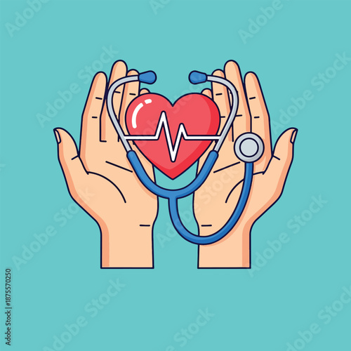 Hands holding heart with stethoscope symbolizing health and medical care.