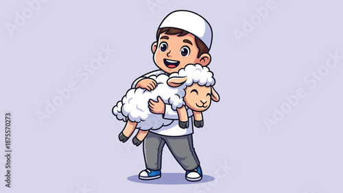 Happy Muslim Boy Holding a Cute Sheep for Eid alAdha Celebration.