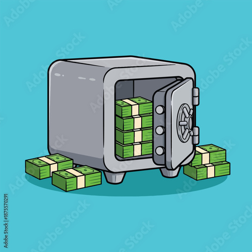 Illustration of a safe filled with stacks of money.