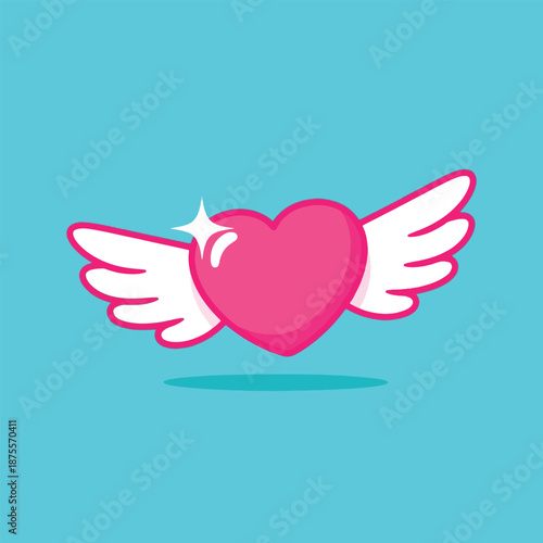 Pink Heart with White Wings Flying on Blue Background.