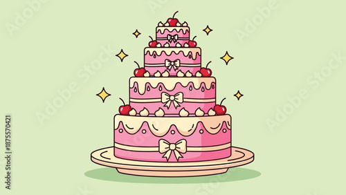 Pink Tiered Cake with Cherries and Bows.