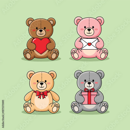 Set of Four Adorable Teddy Bears Holding Gifts and Symbols of Love.