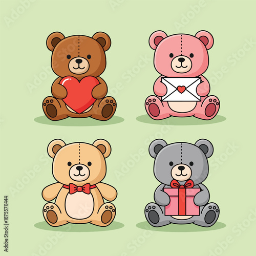 Set of Four Adorable Teddy Bears with Gifts and Love Symbols.