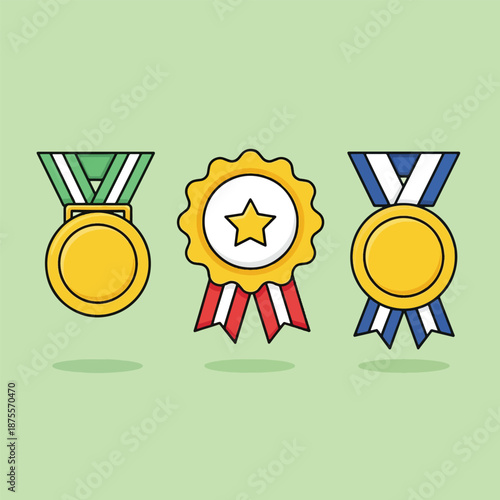 Three Golden Medals with Ribbons on Green Background.