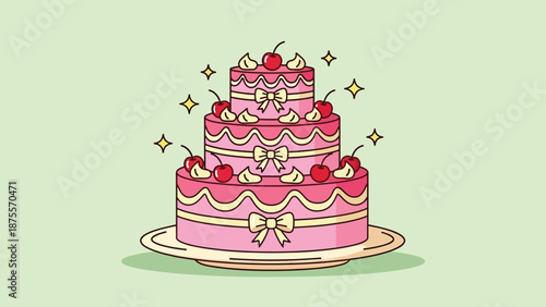 Three Tiered Pink Cake with Cherries and Ribbons.