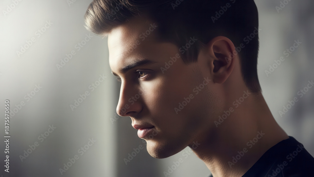 Fototapeta premium A close-up portrait of a young man with a contemplative expression