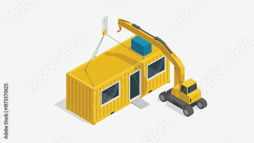 Yellow shipping container home being lifted with blue box on top by crane