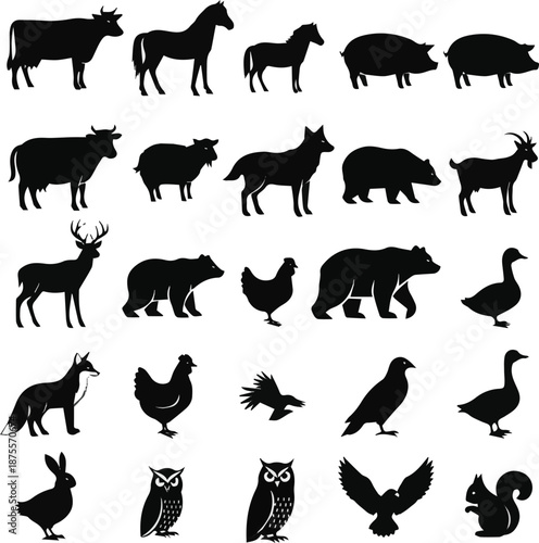 Vector Set of Animal silhouettes, farm animals and wildlife collection, domestic animals icons, black simple design, nature illustration for decor, livestock and wild creatures graphics