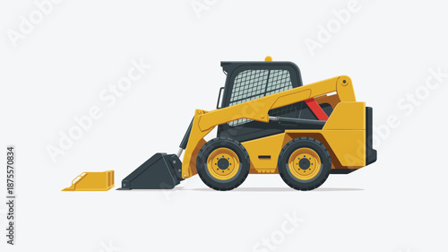 Yellow skid steer loader with black and red accents on white background