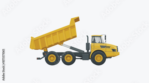 Yellow dump truck with lifted bed on white background