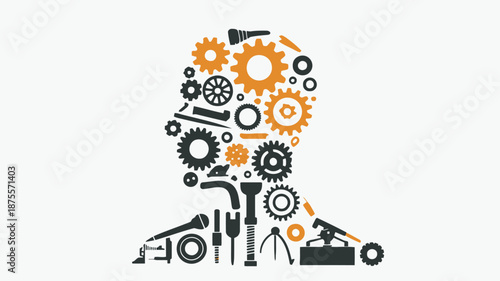 Innovative mind with gears and tools for creative problem solving