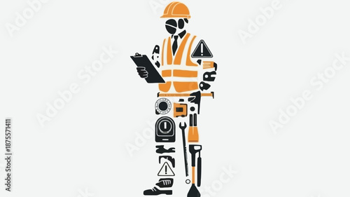 Construction worker with safety gear and tools checklist