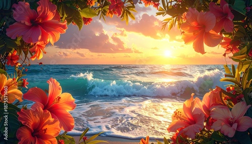 Tropical Paradise - Ocean Sunset Framed by Vibrant Hibiscus Flowers.