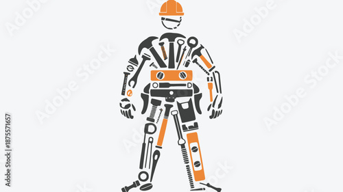 Robot worker with tools and orange hard hat for industry and technology