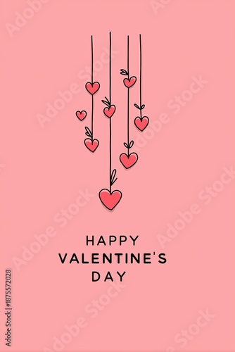 Minimalist Happy Valentine's Day greeting card. Hand drawn doodle hearts hanging on strings. Love and romance concept