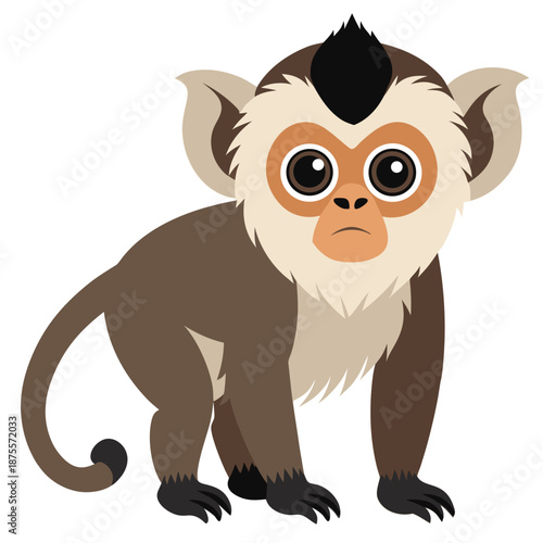 Cute cartoon baby Gibbon monkey. Colorful jungle animal with big eyes. Perfect for kids books or tropical themed designs. Side view. Isolated vector illustration