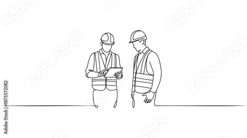 Two construction workers discussing project on tablet