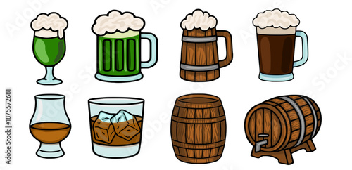 Saint Patrick's Day festive green beer, whiskey, and wooden barrel vector set illustration