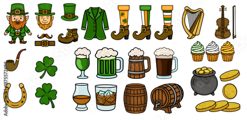 Saint Patrick's Day vector set with leprechaun, shamrocks, beer, harp, and pot of gold
