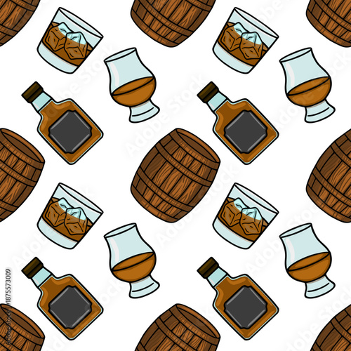 Whisk(e)y barrel and glass seamless vector pattern illustration