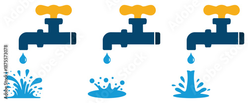 Water Faucet Dripping Splash Vector Icon Set.