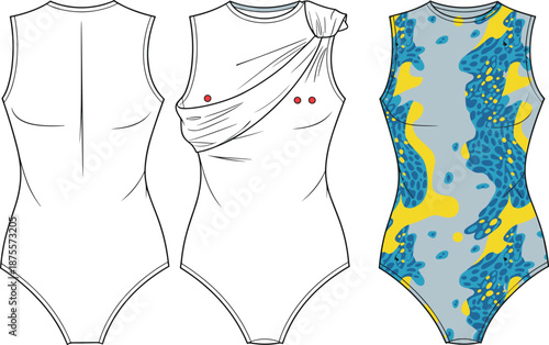 Sleeveless bodysuit fashion illustration, flat vector illustration, technical sketch, draped shoulder, abstract pattern, garment design, front back view