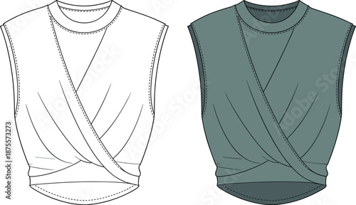 Wrap top sketch, sleeveless draped silhouette, fitted waistband, crossover front panels, fashion design layout, flat vector illustration